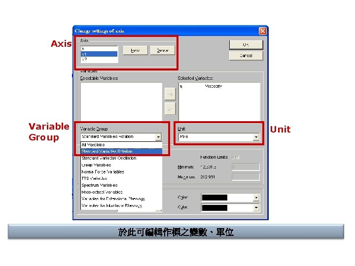 Axis Variable Group Unit 於此可編輯作標之變數、單位 