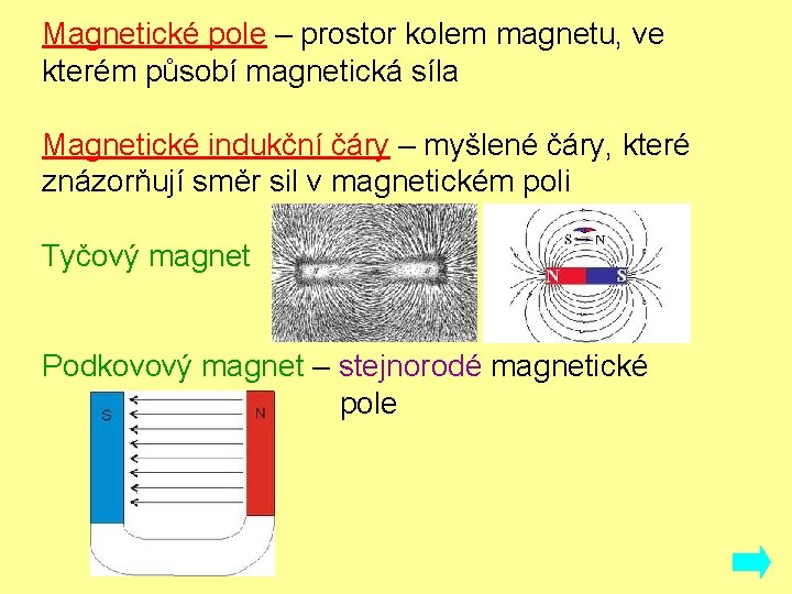 Magnetické pole – prostor kolem magnetu, ve kterém působí magnetická síla Magnetické indukční čáry