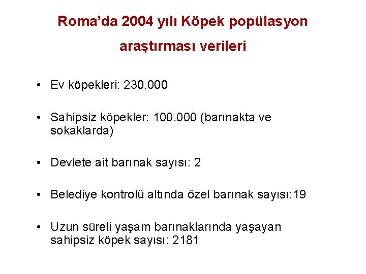 Roma’da 2004 yılı Köpek popülasyon araştırması verileri • Ev köpekleri: 230. 000 • Sahipsiz