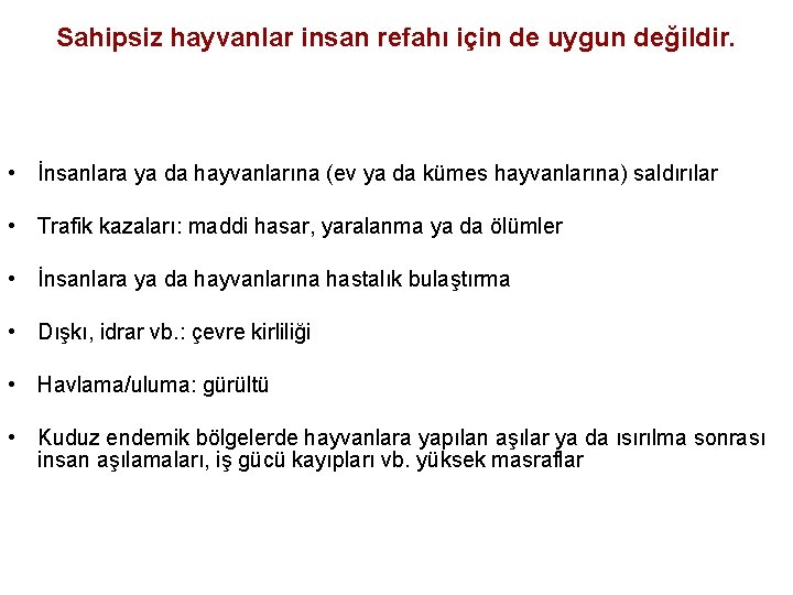 Sahipsiz hayvanlar insan refahı için de uygun değildir. • İnsanlara ya da hayvanlarına (ev