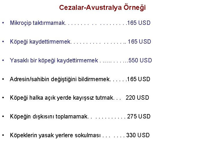 Cezalar-Avustralya Örneği • Mikroçip taktırmamak. . . . . 165 USD • Köpeği kaydettirmemek.