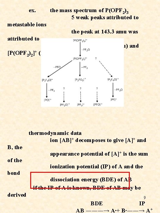 ex. the mass spectrum of P(OPF 2)3 5 weak peaks attributed to metastable ions