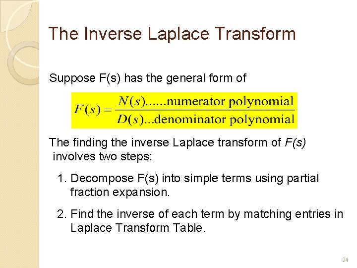 The Inverse Laplace Transform Suppose F(s) has the general form of The finding the