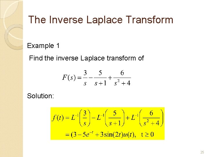 The Inverse Laplace Transform Example 1 Find the inverse Laplace transform of Solution: 25