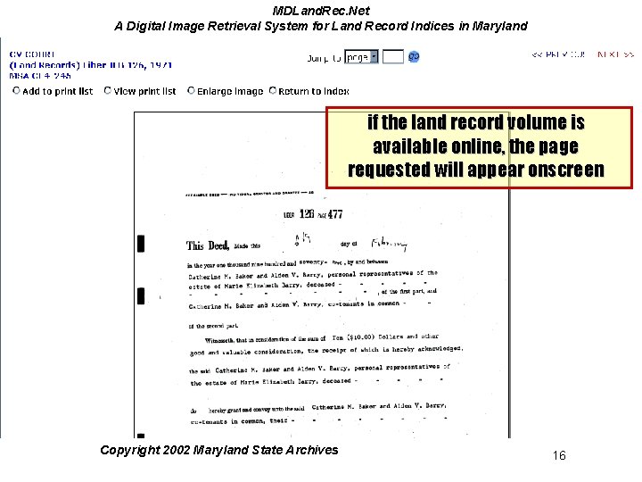 MDLand. Rec. Net A Digital Image Retrieval System for Land Record Indices in Maryland MDLand. Rec. Net A Digital Image Retrieval System for Land Record Indices in Maryland