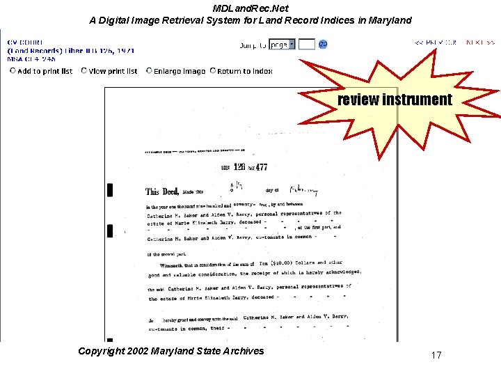 MDLand. Rec. Net A Digital Image Retrieval System for Land Record Indices in Maryland MDLand. Rec. Net A Digital Image Retrieval System for Land Record Indices in Maryland