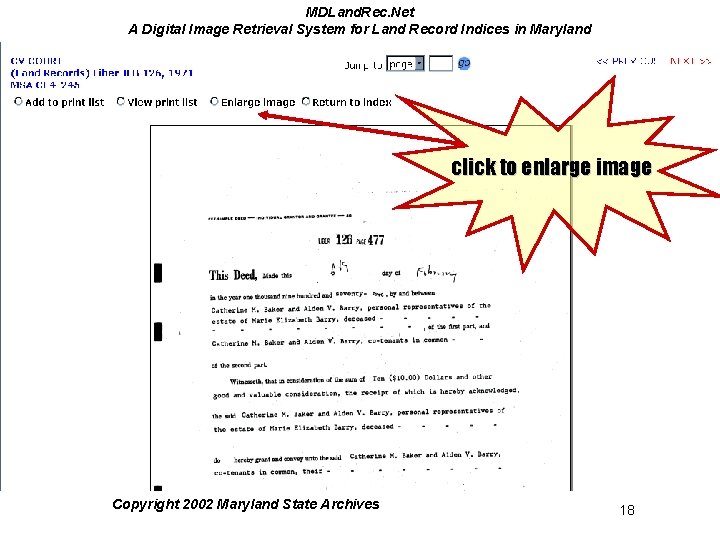 MDLand. Rec. Net A Digital Image Retrieval System for Land Record Indices in Maryland MDLand. Rec. Net A Digital Image Retrieval System for Land Record Indices in Maryland