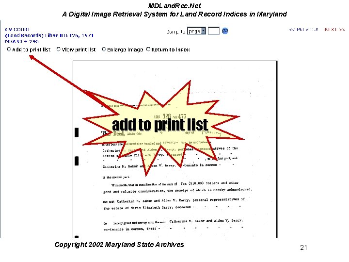 MDLand. Rec. Net A Digital Image Retrieval System for Land Record Indices in Maryland MDLand. Rec. Net A Digital Image Retrieval System for Land Record Indices in Maryland