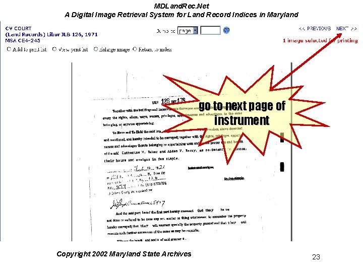 MDLand. Rec. Net A Digital Image Retrieval System for Land Record Indices in Maryland MDLand. Rec. Net A Digital Image Retrieval System for Land Record Indices in Maryland