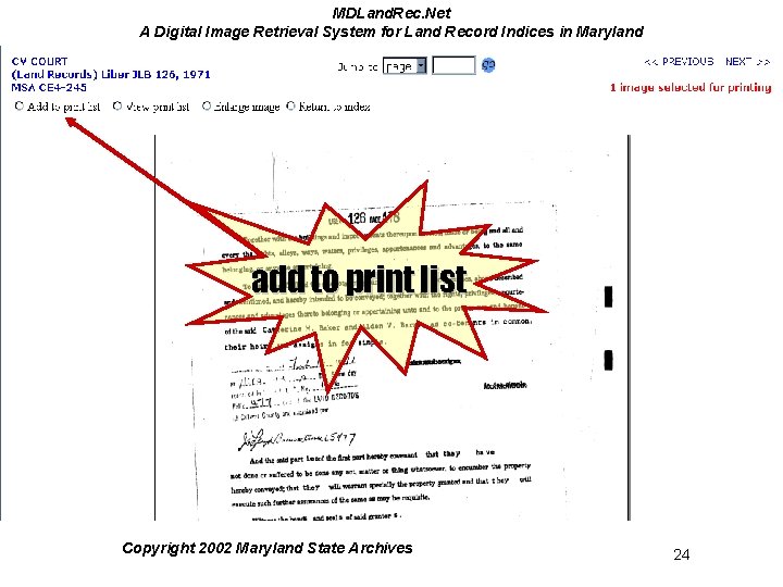 MDLand. Rec. Net A Digital Image Retrieval System for Land Record Indices in Maryland MDLand. Rec. Net A Digital Image Retrieval System for Land Record Indices in Maryland