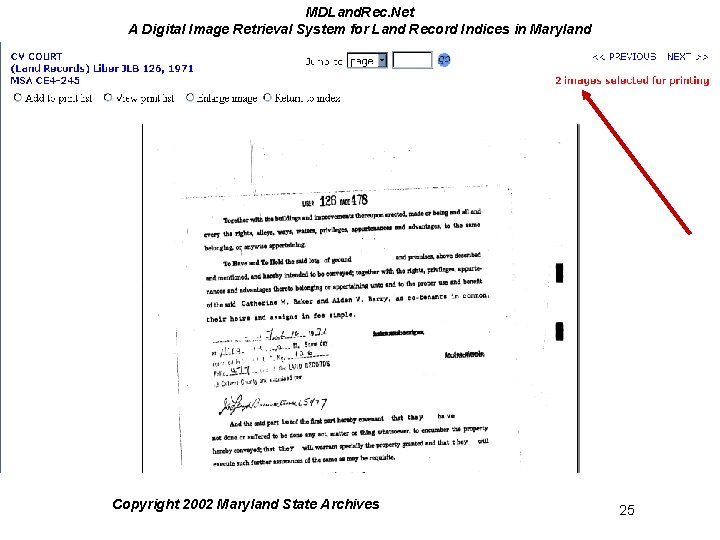 MDLand. Rec. Net A Digital Image Retrieval System for Land Record Indices in Maryland MDLand. Rec. Net A Digital Image Retrieval System for Land Record Indices in Maryland