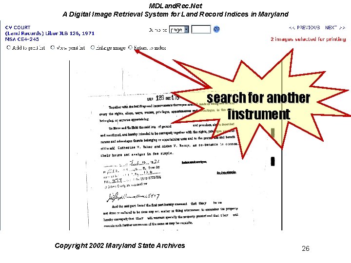 MDLand. Rec. Net A Digital Image Retrieval System for Land Record Indices in Maryland MDLand. Rec. Net A Digital Image Retrieval System for Land Record Indices in Maryland