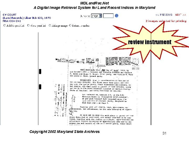 MDLand. Rec. Net A Digital Image Retrieval System for Land Record Indices in Maryland MDLand. Rec. Net A Digital Image Retrieval System for Land Record Indices in Maryland