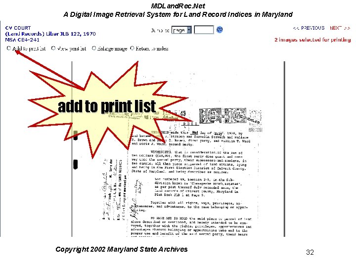 MDLand. Rec. Net A Digital Image Retrieval System for Land Record Indices in Maryland MDLand. Rec. Net A Digital Image Retrieval System for Land Record Indices in Maryland