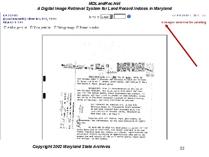 MDLand. Rec. Net A Digital Image Retrieval System for Land Record Indices in Maryland MDLand. Rec. Net A Digital Image Retrieval System for Land Record Indices in Maryland