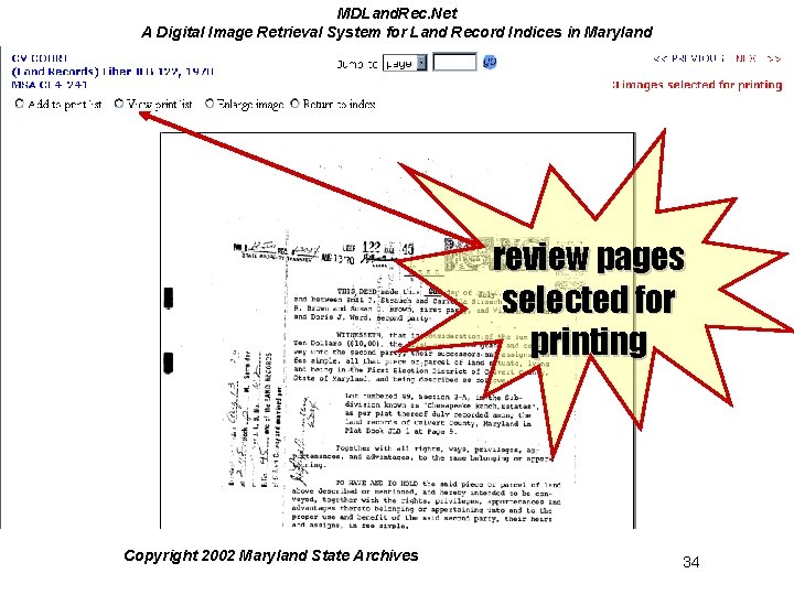 MDLand. Rec. Net A Digital Image Retrieval System for Land Record Indices in Maryland MDLand. Rec. Net A Digital Image Retrieval System for Land Record Indices in Maryland
