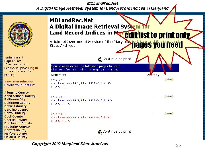 MDLand. Rec. Net A Digital Image Retrieval System for Land Record Indices in Maryland MDLand. Rec. Net A Digital Image Retrieval System for Land Record Indices in Maryland