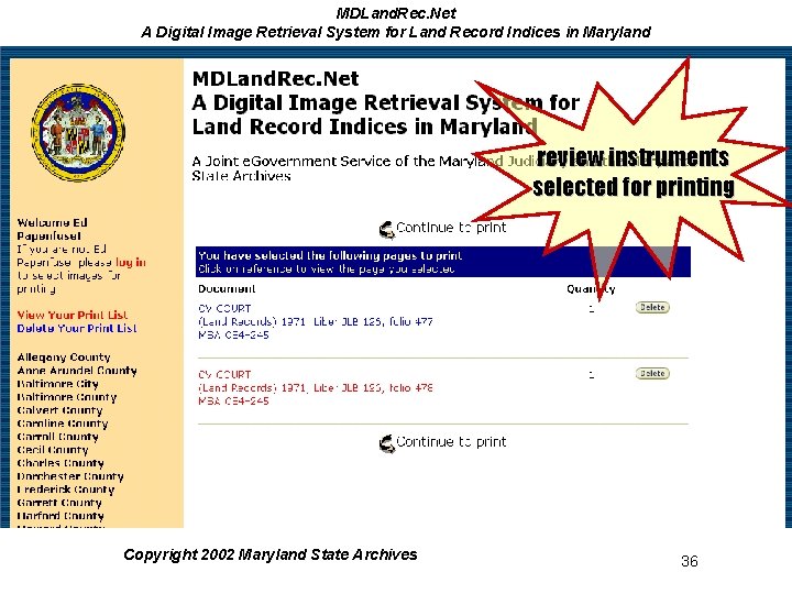MDLand. Rec. Net A Digital Image Retrieval System for Land Record Indices in Maryland MDLand. Rec. Net A Digital Image Retrieval System for Land Record Indices in Maryland