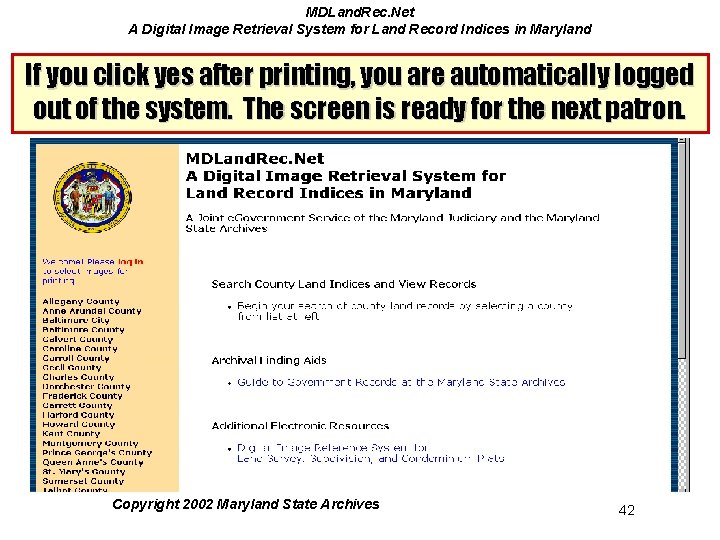 MDLand. Rec. Net A Digital Image Retrieval System for Land Record Indices in Maryland MDLand. Rec. Net A Digital Image Retrieval System for Land Record Indices in Maryland