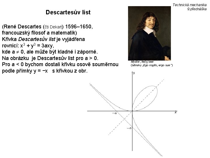 Descartesův list (René Descartes (čti Dekart) 1596– 1650, francouzský filosof a matematik) Křivka Descartesův