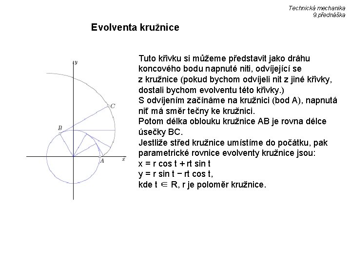 Technická mechanika 9. přednáška Evolventa kružnice Tuto křivku si můžeme představit jako dráhu koncového