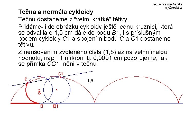 Technická mechanika 9. přednáška Tečna a normála cykloidy Tečnu dostaneme z “velmi krátké” tětivy.