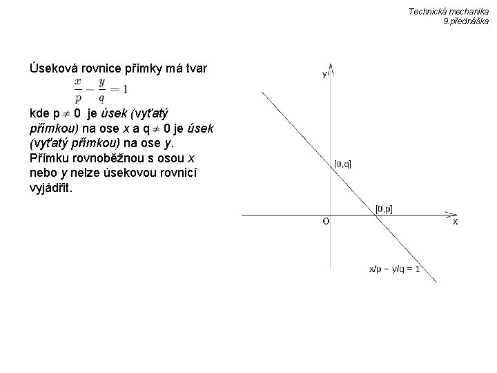Technická mechanika 9. přednáška Úseková rovnice přímky má tvar kde p 0 je úsek