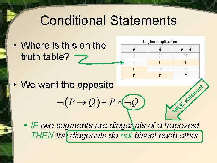 Conditional Statements • Where is this on the truth table? • We want the Conditional Statements • Where is this on the truth table? • We want the
