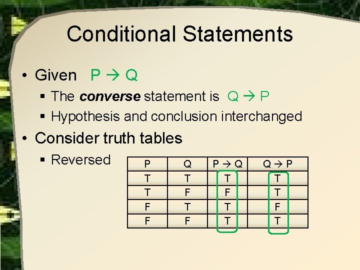 Conditional Statements • Given P Q § The converse statement is Q P § Conditional Statements • Given P Q § The converse statement is Q P §