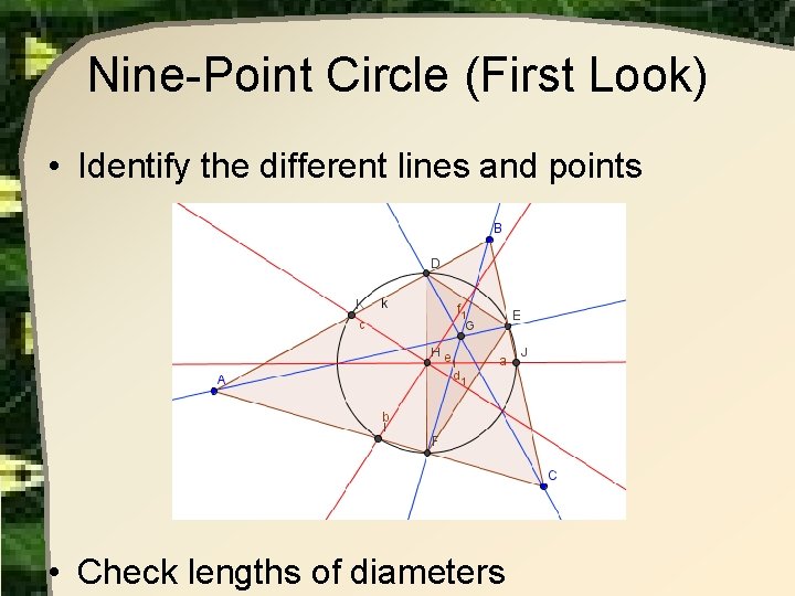 Nine-Point Circle (First Look) • Identify the different lines and points • Check lengths Nine-Point Circle (First Look) • Identify the different lines and points • Check lengths