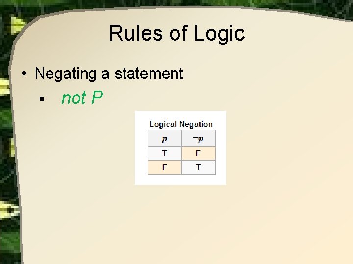 Rules of Logic • Negating a statement § not P Rules of Logic • Negating a statement § not P
