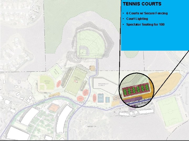 TENNIS COURTS • 6 Courts w/ Secure Fencing • Court Lighting • Spectator Seating