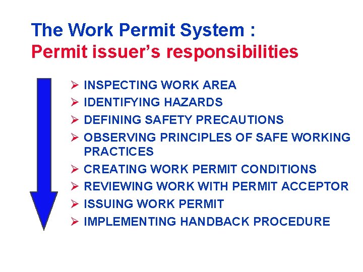 The Work Permit System : Permit issuer’s responsibilities Ø Ø Ø Ø INSPECTING WORK
