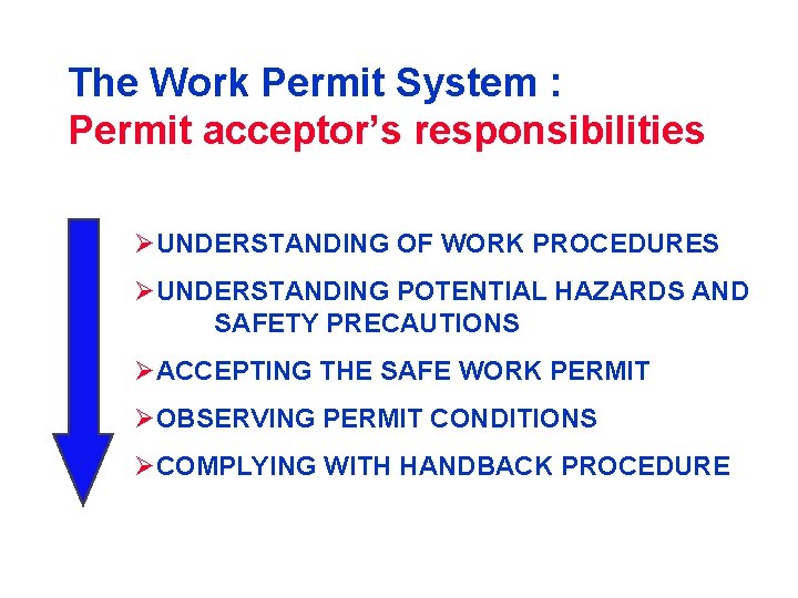 The Work Permit System : Permit acceptor’s responsibilities ØUNDERSTANDING OF WORK PROCEDURES ØUNDERSTANDING POTENTIAL
