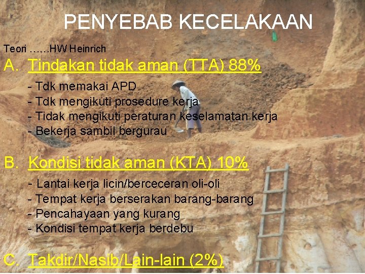 PENYEBAB KECELAKAAN Teori ……HW Heinrich A. Tindakan tidak aman (TTA) 88% - Tdk memakai PENYEBAB KECELAKAAN Teori ……HW Heinrich A. Tindakan tidak aman (TTA) 88% - Tdk memakai