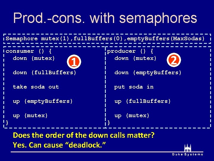 Prod. -cons. with semaphores Semaphore mutex(1), full. Buffers(0), empty. Buffers(Max. Sodas) consumer () {