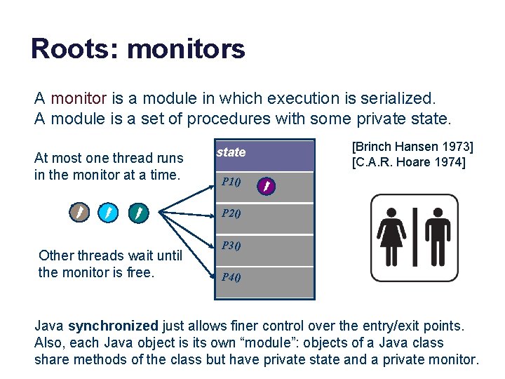 Roots: monitors A monitor is a module in which execution is serialized. A module