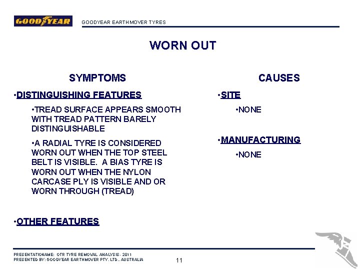 GOODYEAR EARTHMOVER TYRES WORN OUT SYMPTOMS CAUSES • DISTINGUISHING FEATURES • SITE • TREAD