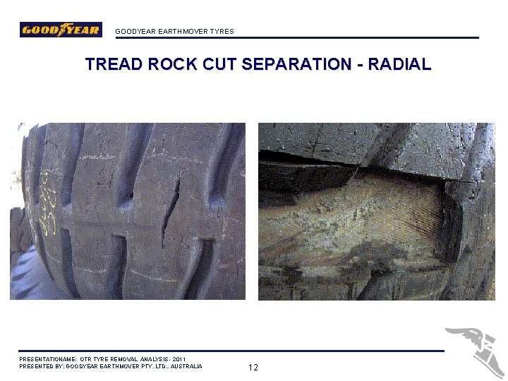 GOODYEAR EARTHMOVER TYRES TREAD ROCK CUT SEPARATION - RADIAL PRESENTATIONAME: OTR TYRE REMOVAL ANALYSIS