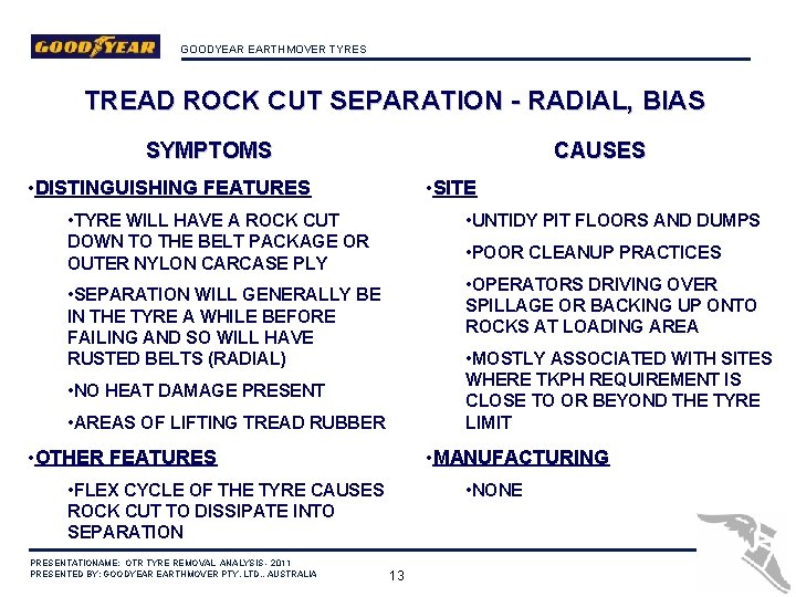 GOODYEAR EARTHMOVER TYRES TREAD ROCK CUT SEPARATION - RADIAL, BIAS SYMPTOMS CAUSES • DISTINGUISHING