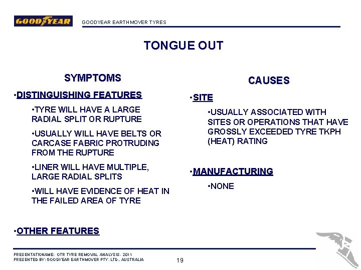 GOODYEAR EARTHMOVER TYRES TONGUE OUT SYMPTOMS CAUSES • DISTINGUISHING FEATURES • SITE • TYRE