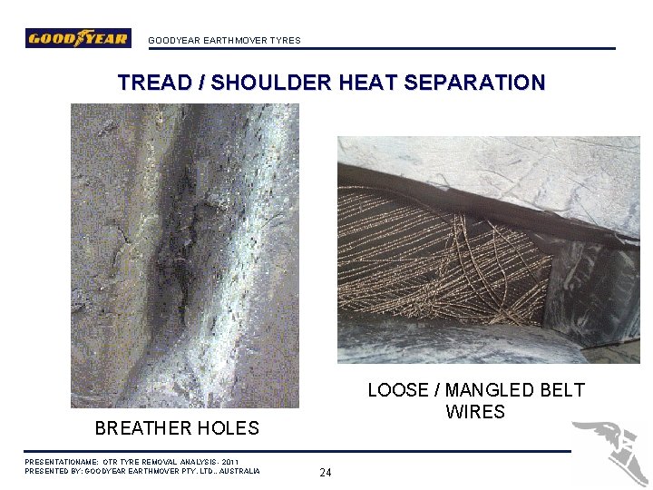 GOODYEAR EARTHMOVER TYRES TREAD / SHOULDER HEAT SEPARATION LOOSE / MANGLED BELT WIRES BREATHER