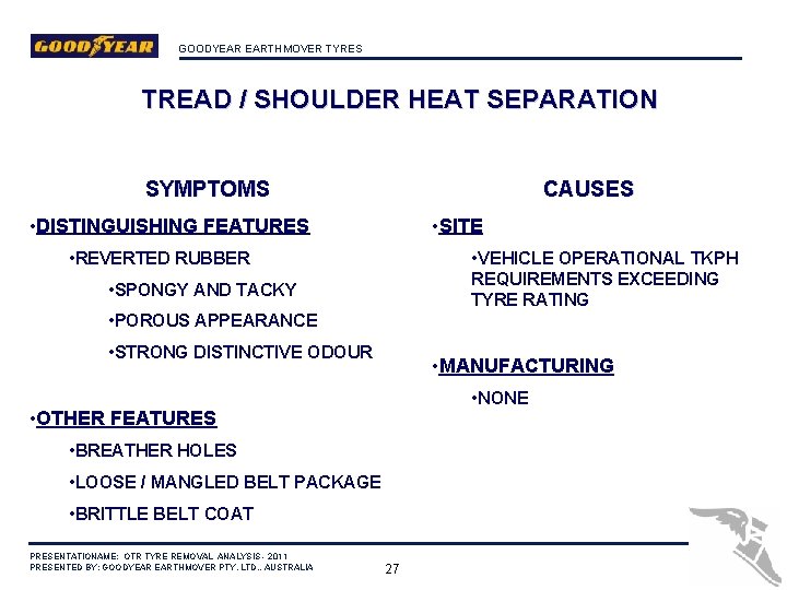 GOODYEAR EARTHMOVER TYRES TREAD / SHOULDER HEAT SEPARATION SYMPTOMS CAUSES • DISTINGUISHING FEATURES •