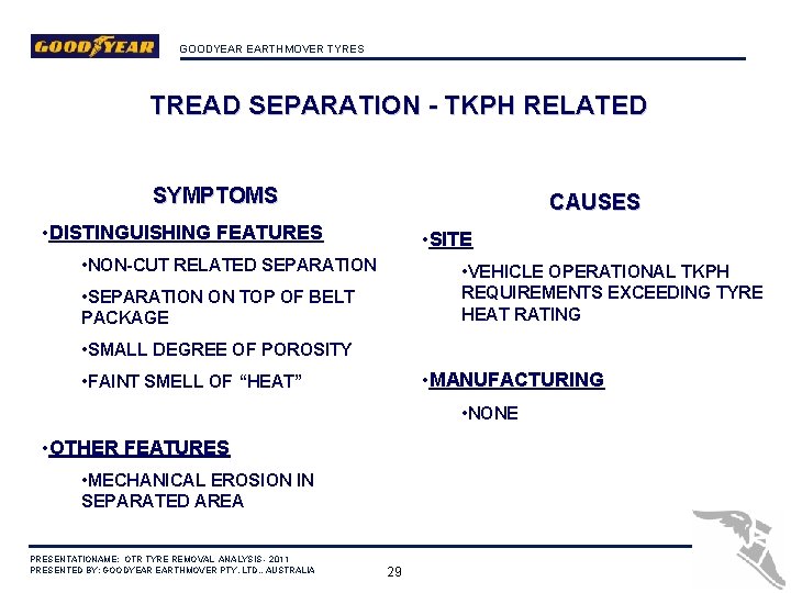 GOODYEAR EARTHMOVER TYRES TREAD SEPARATION - TKPH RELATED SYMPTOMS CAUSES • DISTINGUISHING FEATURES •