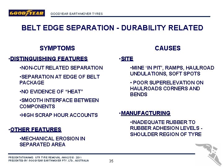 GOODYEAR EARTHMOVER TYRES BELT EDGE SEPARATION - DURABILITY RELATED CAUSES SYMPTOMS • SITE •