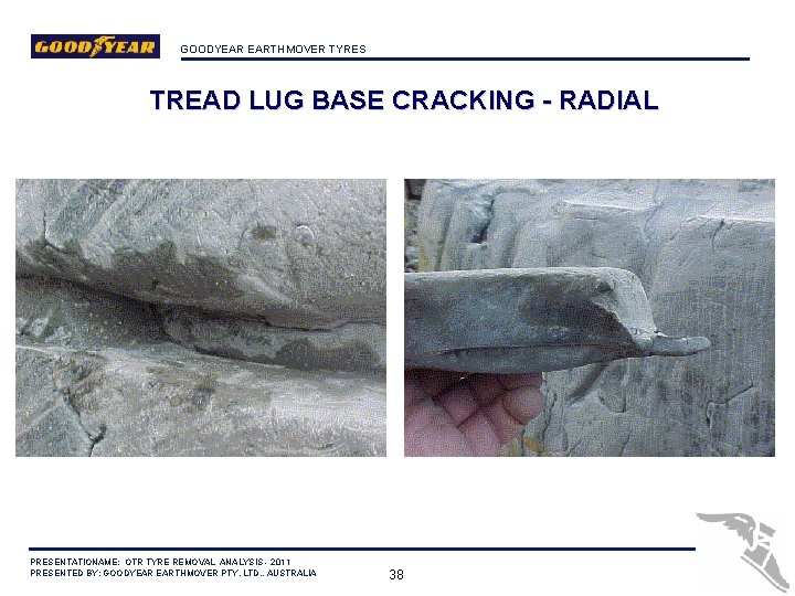 GOODYEAR EARTHMOVER TYRES TREAD LUG BASE CRACKING - RADIAL PRESENTATIONAME: OTR TYRE REMOVAL ANALYSIS