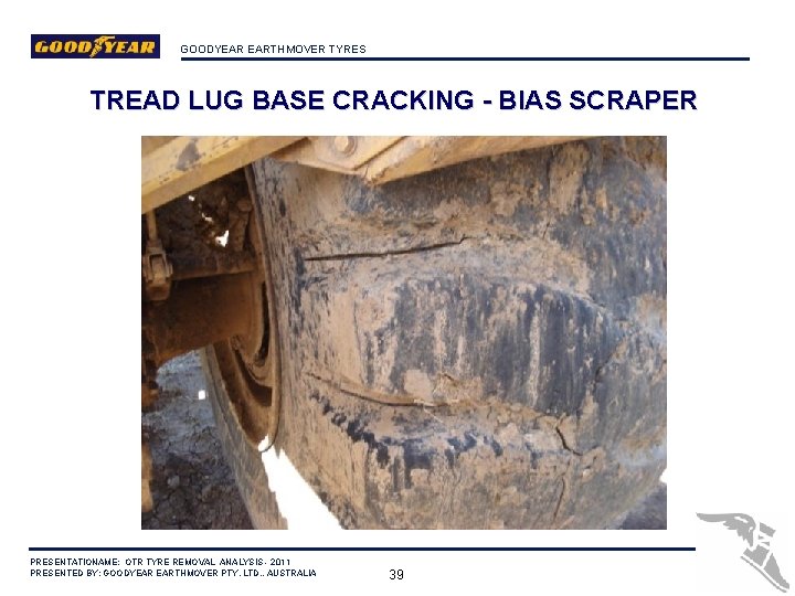 GOODYEAR EARTHMOVER TYRES TREAD LUG BASE CRACKING - BIAS SCRAPER PRESENTATIONAME: OTR TYRE REMOVAL