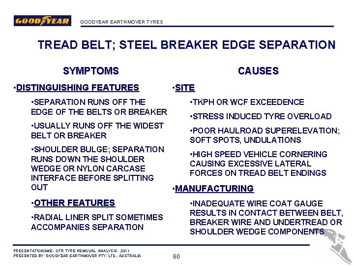 GOODYEAR EARTHMOVER TYRES TREAD BELT; STEEL BREAKER EDGE SEPARATION CAUSES SYMPTOMS • DISTINGUISHING FEATURES