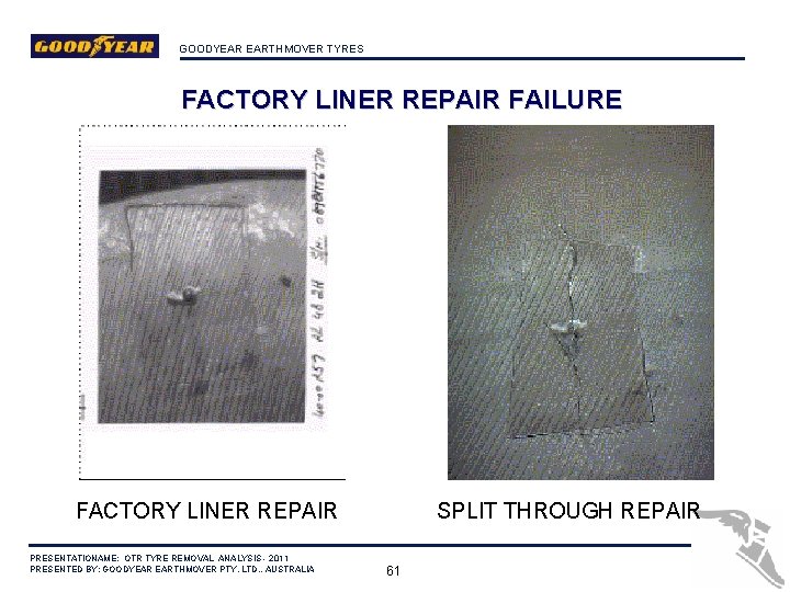 GOODYEAR EARTHMOVER TYRES FACTORY LINER REPAIR FAILURE FACTORY LINER REPAIR PRESENTATIONAME: OTR TYRE REMOVAL