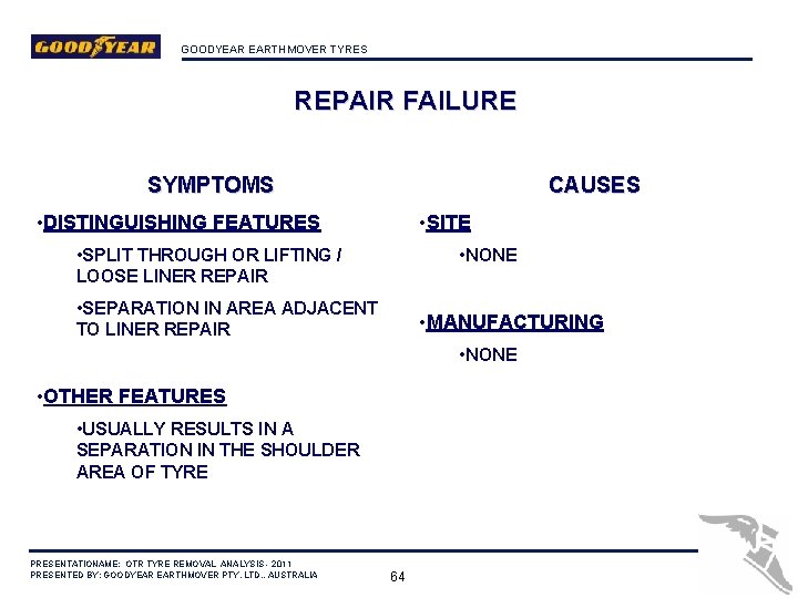 GOODYEAR EARTHMOVER TYRES REPAIR FAILURE SYMPTOMS CAUSES • DISTINGUISHING FEATURES • SITE • SPLIT